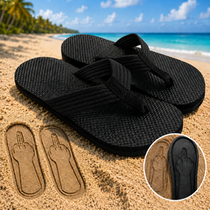 Black FLIPMOOD hidden middle finger flip flops on the beach