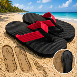 Red strap FLIPMOOD middle finger flip flops on a tropical beach