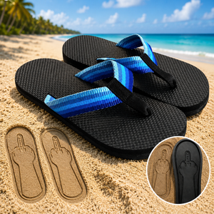 FLIPMOOD hidden middle finger flip flops on the beach with footprint reveal