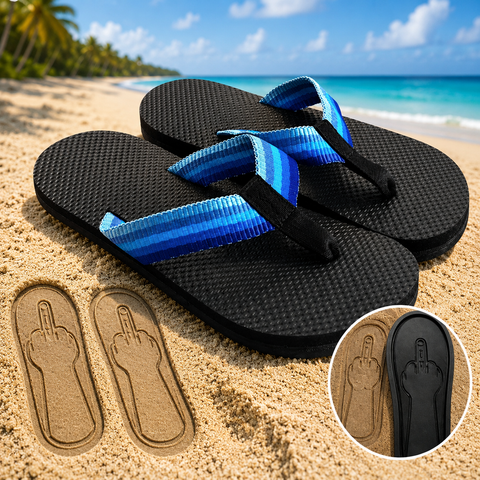 FLIPMOOD hidden middle finger flip flops on the beach with footprint reveal