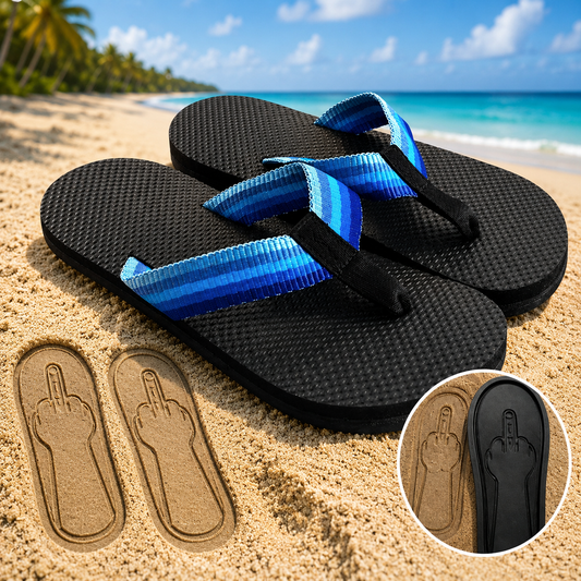 FLIPMOOD hidden middle finger flip flops on the beach with footprint reveal